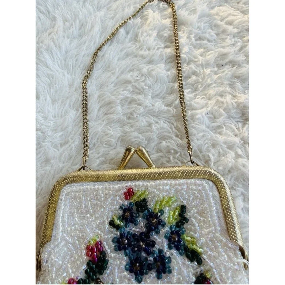 Vintage Floral Hand Beaded Fringe Chain Strap Tiny Seed Evening Purse Flapper